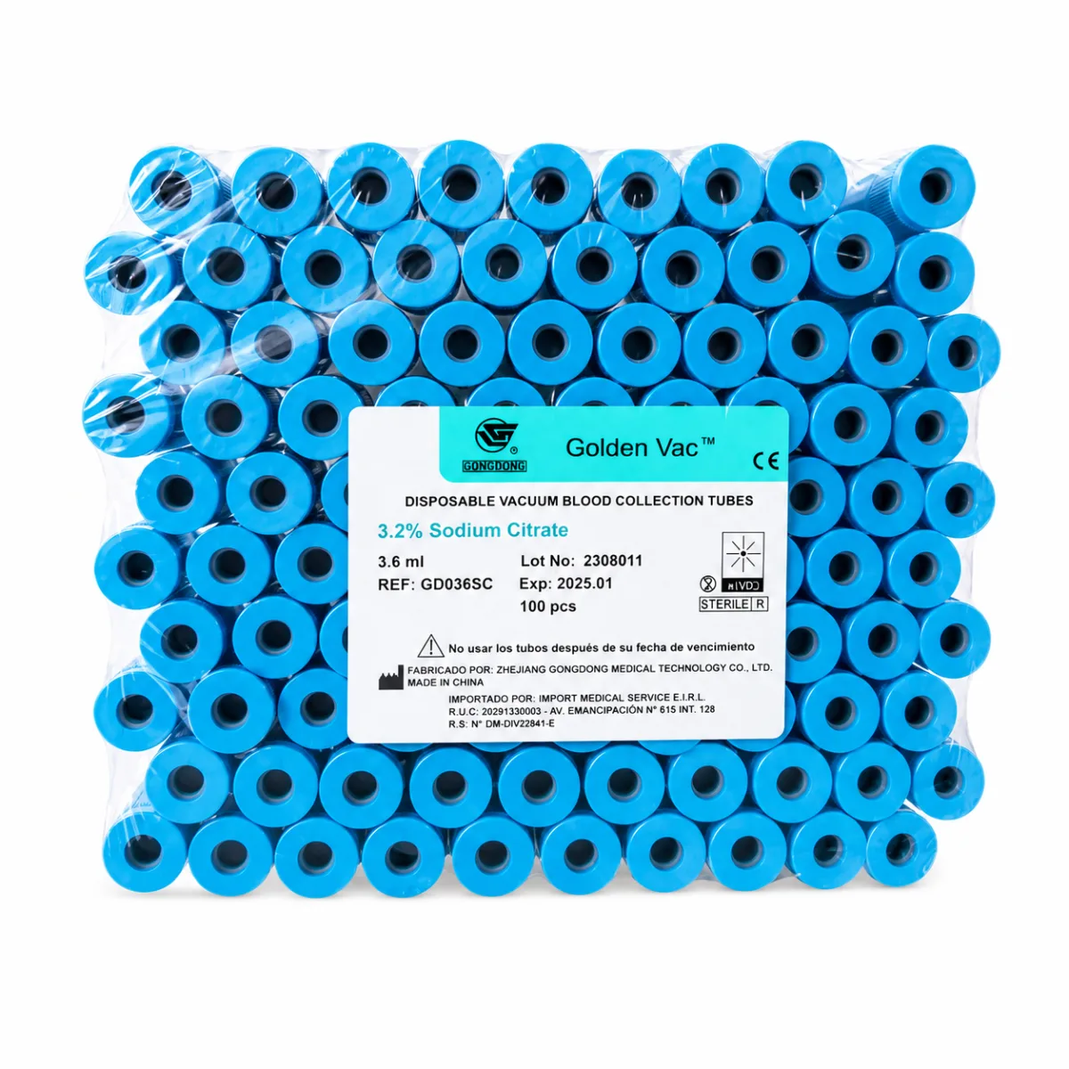 TUBO CELESTE CON CITRATO DE SODIO 3.2% (13 X 75MM) 3.6 ML. X 100 UND. - GOLDEN VAC