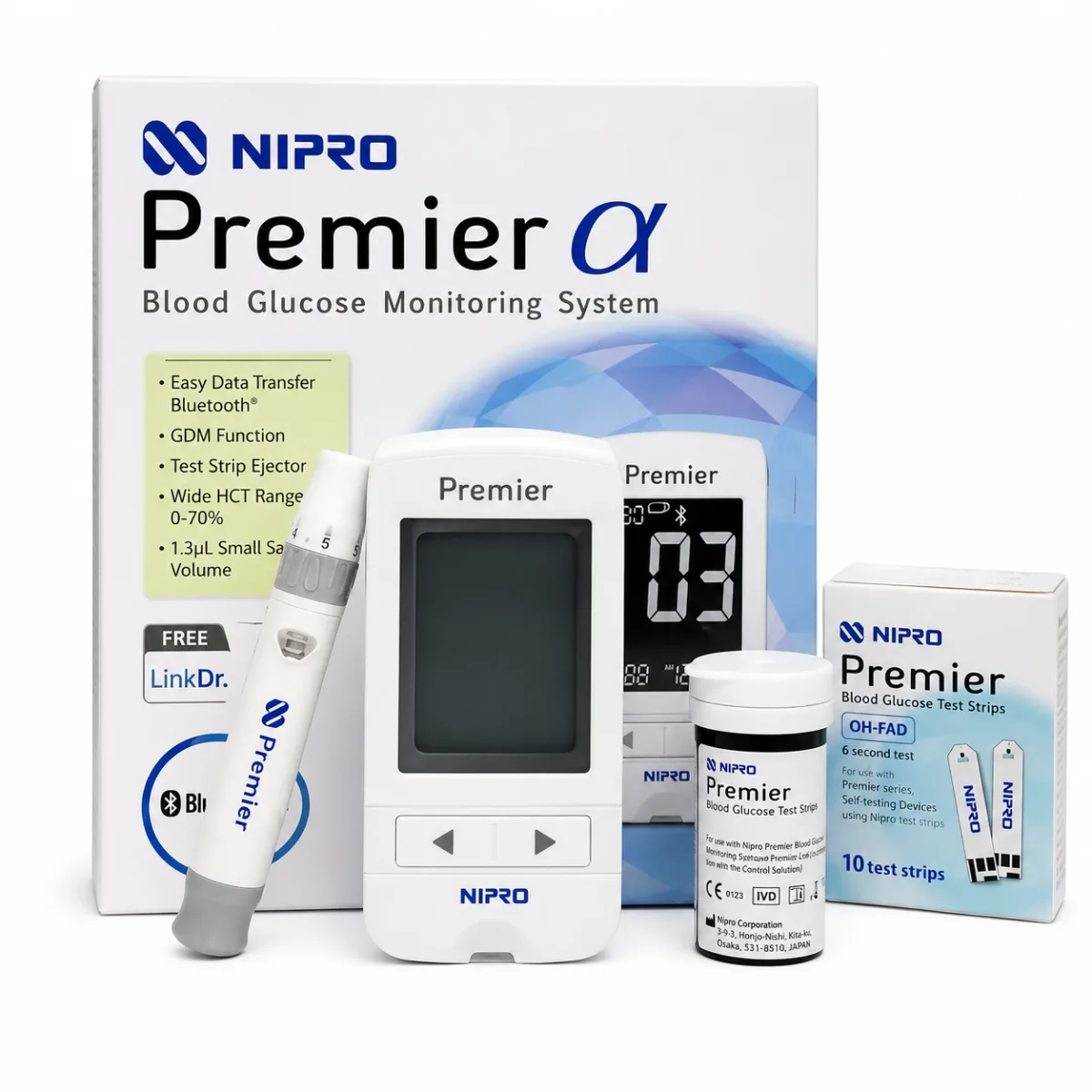 GLUCOMETRO PREMIER ALPHA CON BLUETOOTH Y ACCESORIOS X 01 UND. - NIPRO